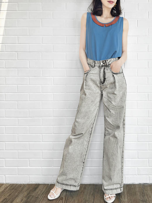 TYNVIE 拼布领圈无袖上衣- 蓝色 商品图4