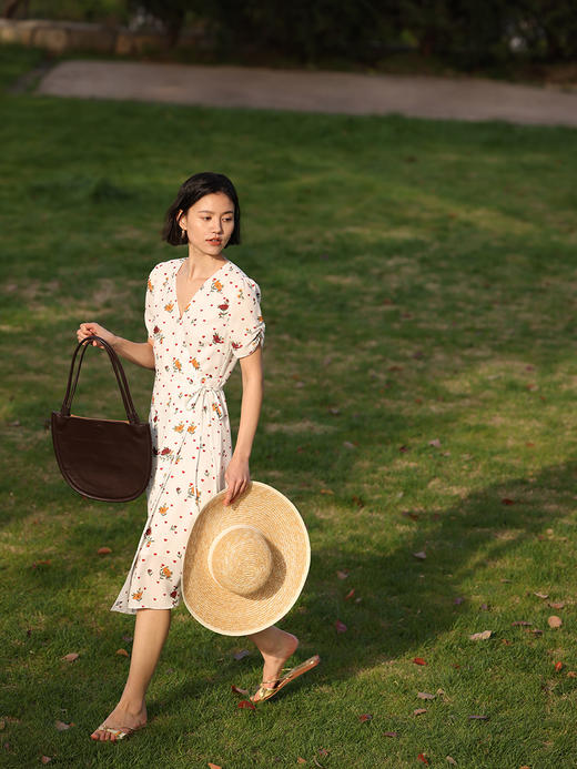 （小眠专属）HeyDress原创波斯菊印花裹身连衣裙女夏季收腰设计感气质碎花裙子 商品图0