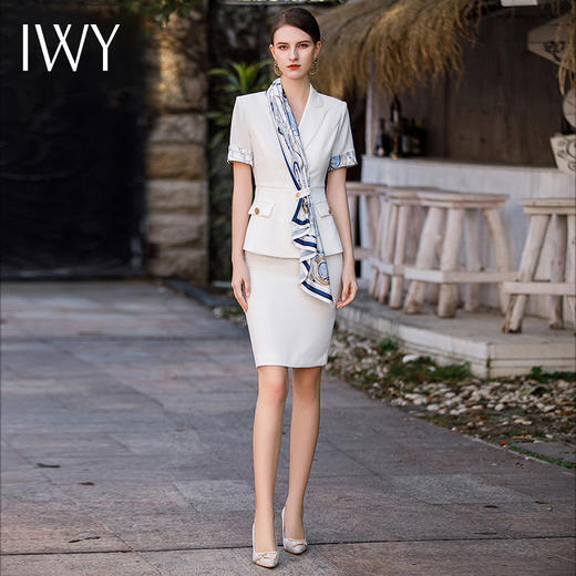 IWY/白色配丝巾职业西装套裙女夏季款气质上班时尚休闲高端名媛工作服CS1785 商品图0
