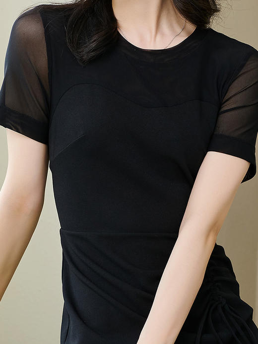 米思阳2024夏季新款优雅大方纯色短袖连衣裙网纱拼接弹力裙子1644 商品图3