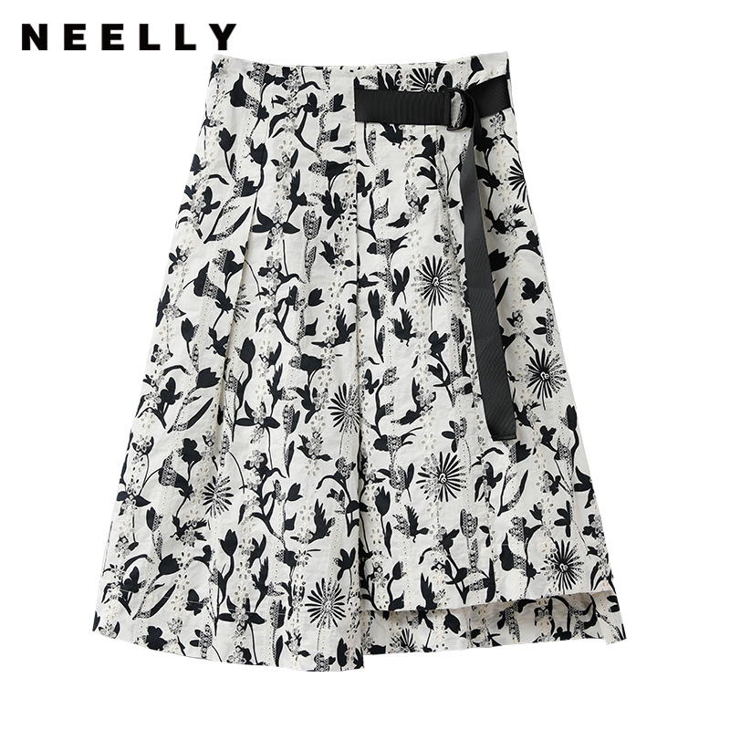 NEELLY纳俪商场同款夏季黑白印花半身裙女收腰系带A字裙百搭通勤N23044E04404