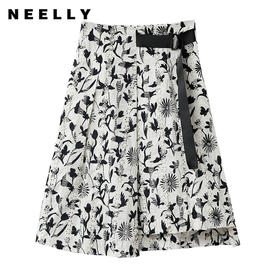 NEELLY纳俪商场同款夏季黑白印花半身裙女收腰系带A字裙百搭通勤N23044E04404