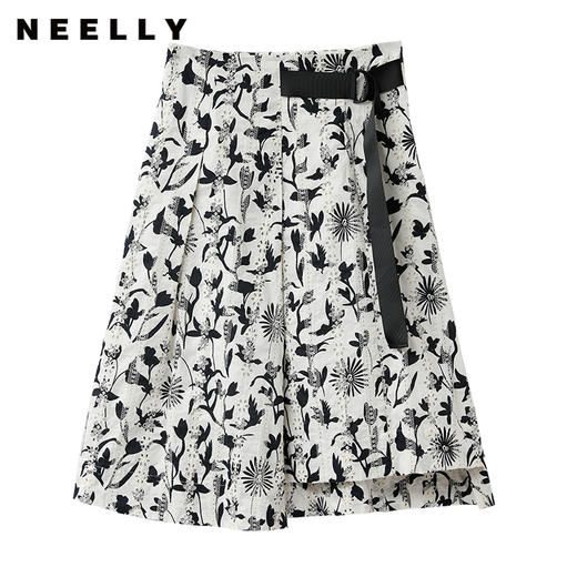 NEELLY纳俪商场同款夏季黑白印花半身裙女收腰系带A字裙百搭通勤N23044E04404 商品图0