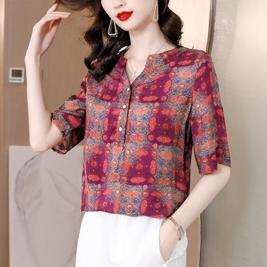 KQL-B39N4126V领印花衬衫女2023夏季新款印花中长款宽松遮肚子衬衣上衣 商品图3