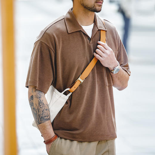 马登工装 美式复古polo领短袖落肩宽松翻领半袖衫莫代尔口袋T恤男夏 商品图3