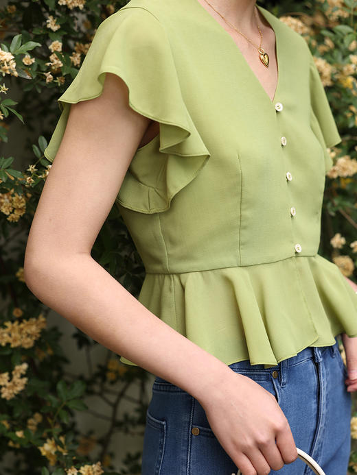 HeyDress法式复古V领衬衫女夏季收腰设计感浪漫荷叶袖雪纺衫上衣 商品图1