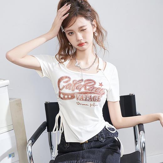 西遇挂脖短款T恤女新款抽绳辣妹不规则白色别致上衣D1331389 商品图0