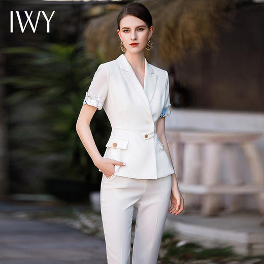 IWY/白色配丝巾职业西装套装女夏季款气质上班时尚休闲高端名媛工作服CP1785 商品图1