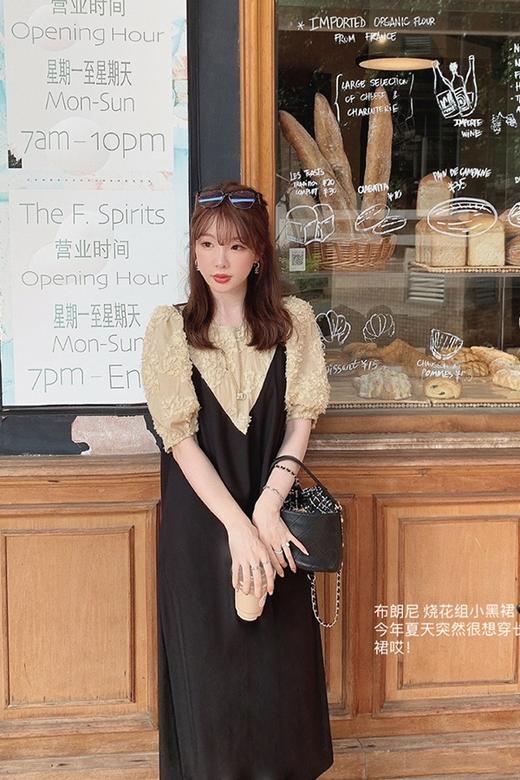 金蘑菇菇【晚安布朗尼烧花小黑裙】泡泡袖宽松设计感假两件连衣裙 商品图5