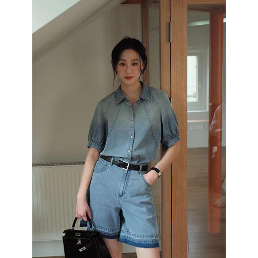 Even Vintage | 帅气夏日 复古渐变牛仔泡泡短袖衬衫小A短裤套装 商品图3