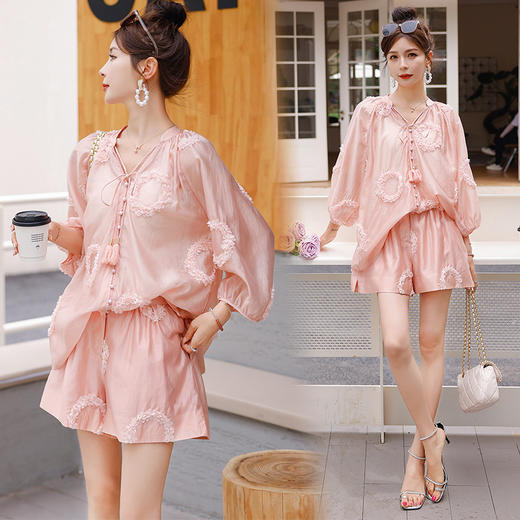 夏季新款，领飘带立体花洋气上衣松紧腰宽松短裤套装HR-ANY0837-1 商品图1