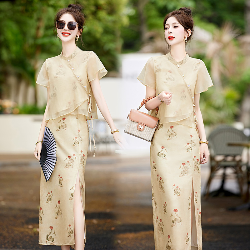 复古中国风，新中式印花立领珠扣上衣半身裙套装两件套HR-YQH8965-1
