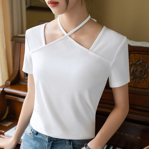 短袖t恤女夏，新款女装设计感纯色体恤性感挂脖纯色收腰上衣SG-T3X0328 商品图5
