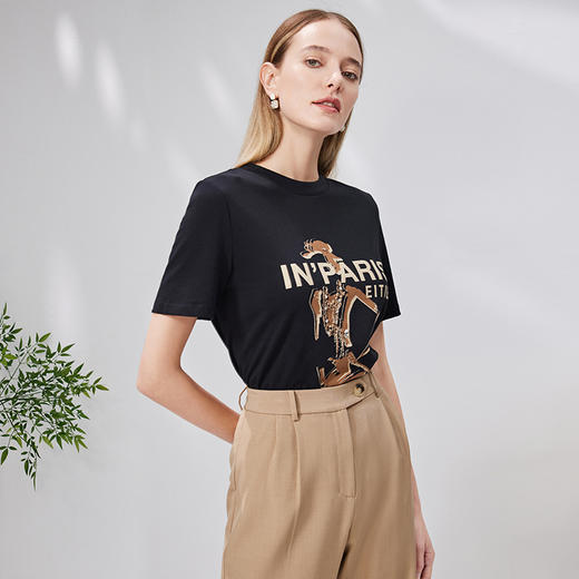 EITIE爱特爱新款100%棉时尚百搭打底舒适弹力圆领印花T恤女7102801 商品图2