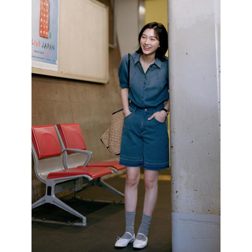 Even Vintage | 帅气夏日 复古渐变牛仔泡泡短袖衬衫小A短裤套装 商品图2