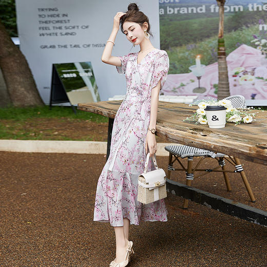 气质温柔风连衣裙显瘦印花甜美鱼尾裙HR-WM30159 商品图1