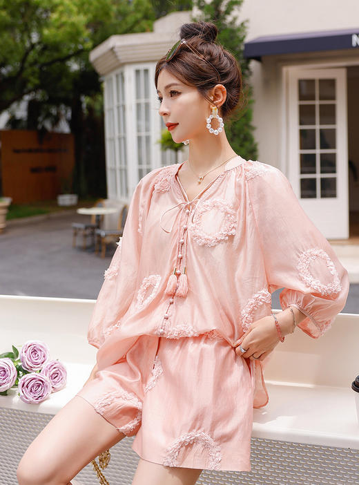 夏季新款，领飘带立体花洋气上衣松紧腰宽松短裤套装HR-ANY0837-1 商品图6