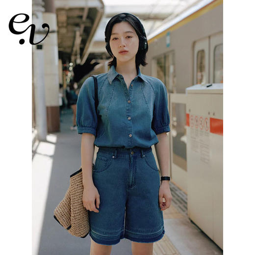 Even Vintage | 帅气夏日 复古渐变牛仔泡泡短袖衬衫小A短裤套装 商品图0