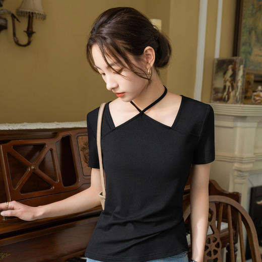 短袖t恤女夏，新款女装设计感纯色体恤性感挂脖纯色收腰上衣SG-T3X0328 商品图2