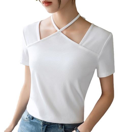 短袖t恤女夏，新款女装设计感纯色体恤性感挂脖纯色收腰上衣SG-T3X0328 商品图4