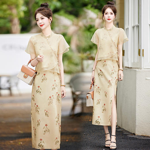 复古中国风，新中式印花立领珠扣上衣半身裙套装两件套HR-YQH8965-1 商品图1