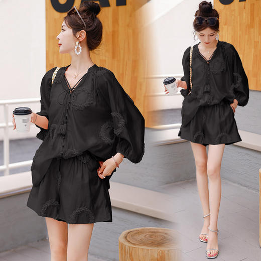 夏季新款，领飘带立体花洋气上衣松紧腰宽松短裤套装HR-ANY0837-1 商品图3