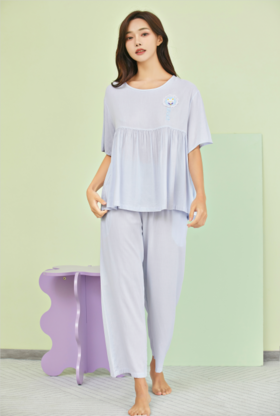 【满2件/99元】【秀黛】女圆领泡泡棉短袖套装女夏季家居服睡衣H2551027T【专柜同款】【如遇缺货自动退款，介意勿拍】