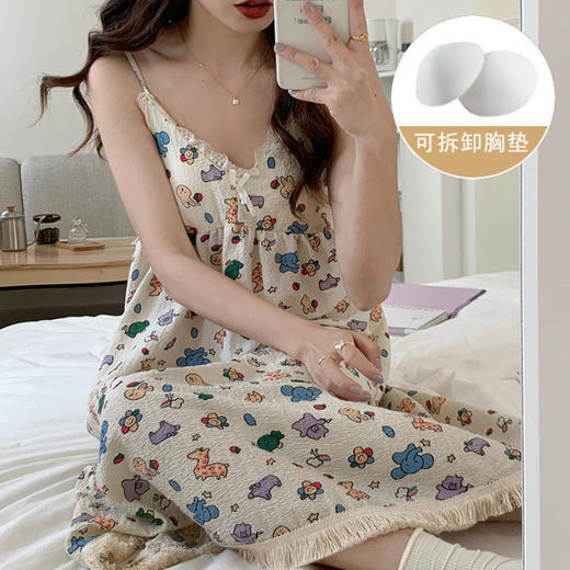 【清新甜美❗️睡衣夏季纯欲风泡泡棉】舒适柔软，弹力好，清凉透气，吊带睡裙女甜美可爱带胸垫家居服可外穿粉丝专属 商品图4