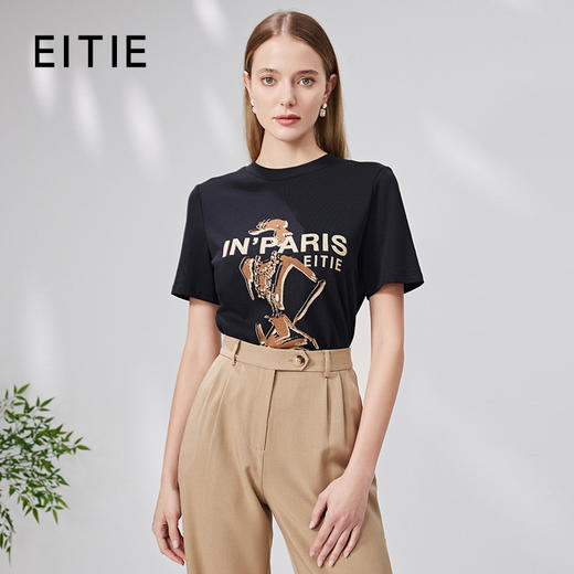 EITIE爱特爱新款100%棉时尚百搭打底舒适弹力圆领印花T恤女7102801 商品图0