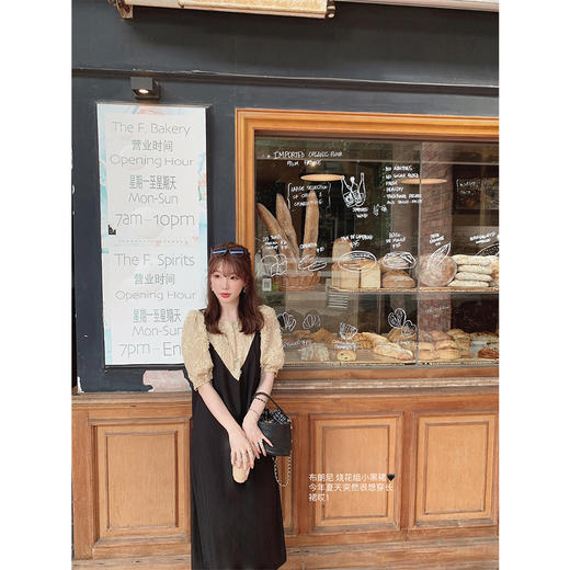 金蘑菇菇【晚安布朗尼烧花小黑裙】泡泡袖宽松设计感假两件连衣裙 商品图2