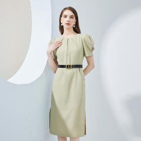 NF8F9斯尔丽瑟俪2023夏季新款领口收褶中长款搭配腰带名媛OL职场连衣裙