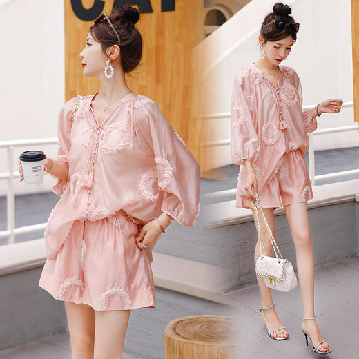 夏季新款，领飘带立体花洋气上衣松紧腰宽松短裤套装HR-ANY0837-1 商品图4
