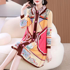 XSL S3241洋气连衣裙妈妈气质宽松褶皱印花衬衫裙