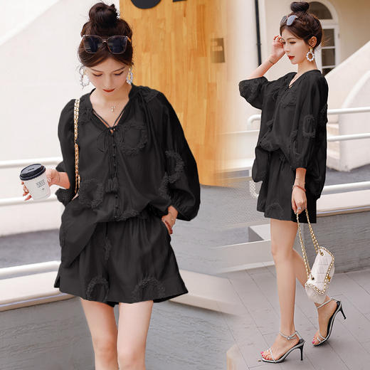 夏季新款，领飘带立体花洋气上衣松紧腰宽松短裤套装HR-ANY0837-1 商品图2