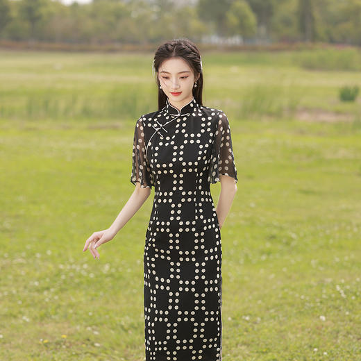 改良复古黑波点，倒大袖中长款旗袍XL-23158 商品图3