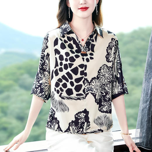 SMZ6011 2023新款夏装洋气百搭印花气质妈妈装雪纺衬衫Polo领短袖套头上衣 商品图1