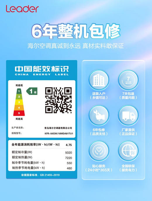 统帅（Leader）海尔空调出品2匹挂机空调壁挂式新能效变频自清洁急速冷暖家用WIFI智控除湿超大送风量以旧换新 KFR-50GW 18MDA81TU1 商品图6