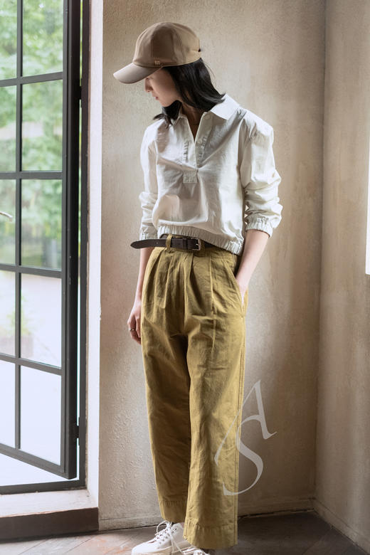 MHL  草绿色/铅白色双扣束腰橄榄球衬衫 商品图1