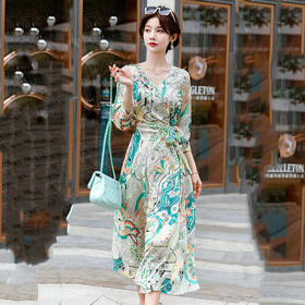 高端印花真丝优雅连衣裙新款22姆米重磅桑蚕丝修身裙NSM-R6002