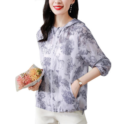 夏季新款，女连帽宽松大码透气薄款乔其仿真丝开衫KQL-B43N8328 商品图4