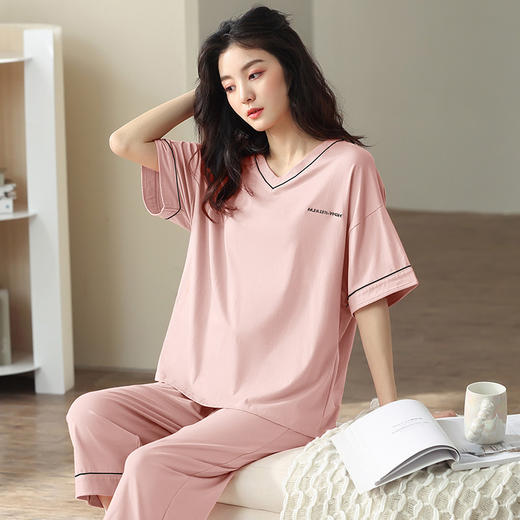【莫代尔女士睡衣】夏季短袖柔软莫代尔睡衣女 休闲可外穿家居短袖长裤两件套 商品图0