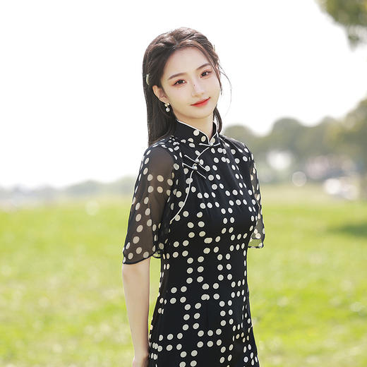 改良复古黑波点，倒大袖中长款旗袍XL-23158 商品图1