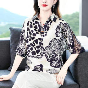 SMZ6011 2023新款夏装洋气百搭印花气质妈妈装雪纺衬衫Polo领短袖套头上衣