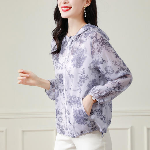 夏季新款，女连帽宽松大码透气薄款乔其仿真丝开衫KQL-B43N8328 商品图1