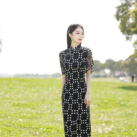 改良复古黑波点，倒大袖中长款旗袍XL-23158 商品图0