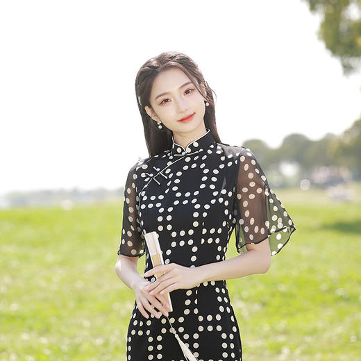 改良复古黑波点，倒大袖中长款旗袍XL-23158 商品图2