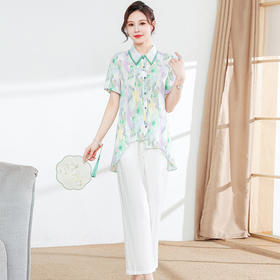 夏季休闲，妈妈装短袖鲜花印花不对称衬衫直筒长裤两件套QYM-JJ-GT982-Y