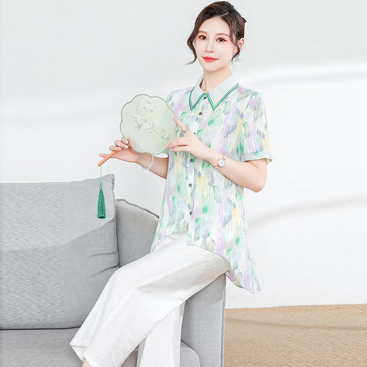 夏季休闲，妈妈装短袖鲜花印花不对称衬衫直筒长裤两件套QYM-JJ-GT982-Y 商品图1