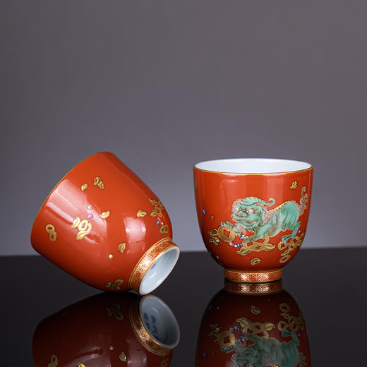 矾红地五彩描金招财进宝貔貅纹一盖碗两杯 商品图4
