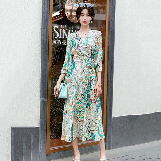 高端印花真丝优雅连衣裙新款22姆米重磅桑蚕丝修身裙NSM-R6002 商品图1